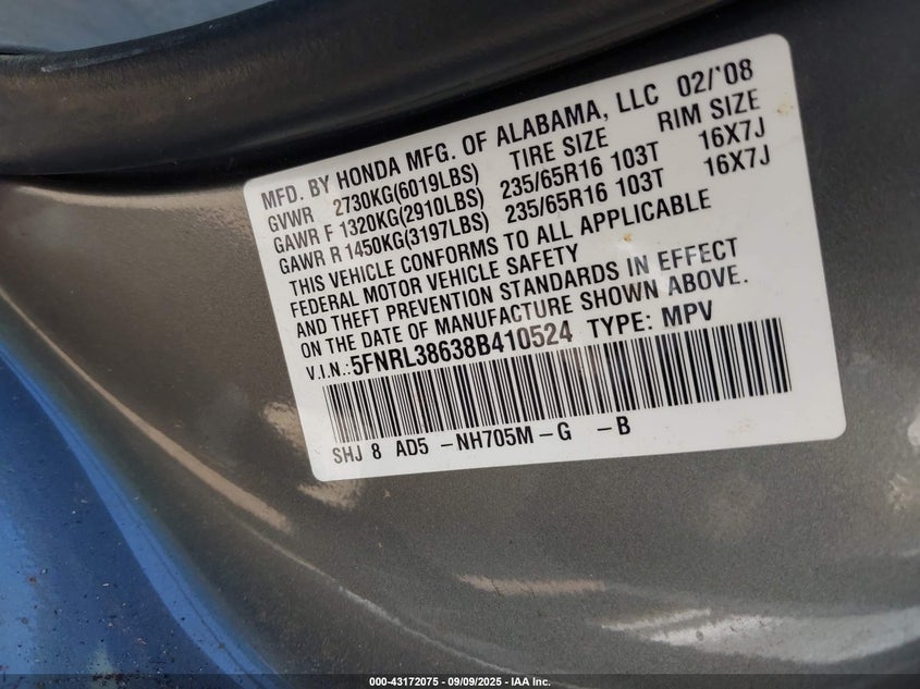 2008 Honda Odyssey Ex-L VIN: 5FNRL38638B410524 Lot: 43172075