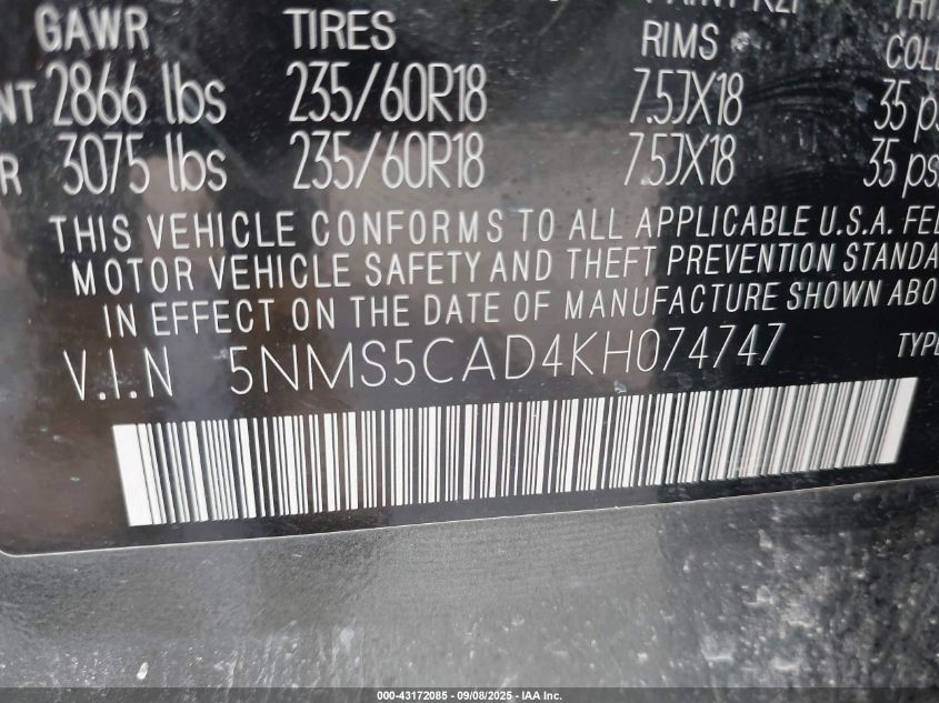 2019 Hyundai Santa Fe Ultimate VIN: 5NMS5CAD4KH074747 Lot: 43172085