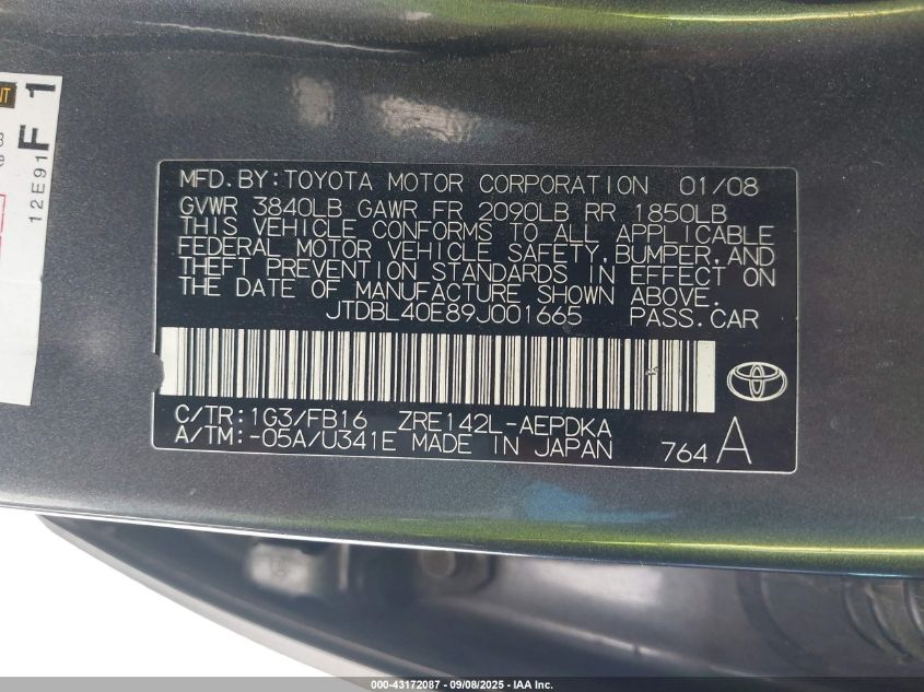 2009 Toyota Corolla Le VIN: JTDBL40E89J001665 Lot: 43172087