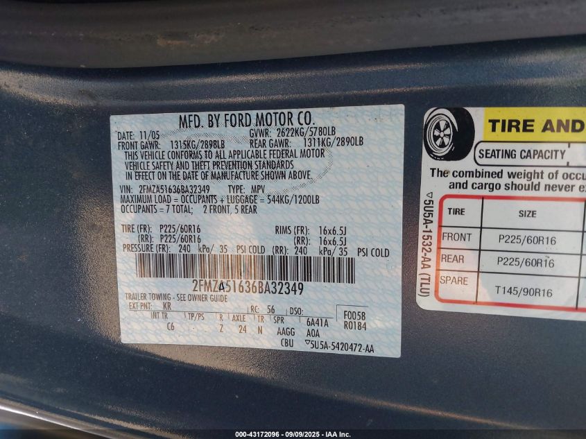 2006 Ford Freestar Se VIN: 2FMZA51636BA32349 Lot: 43172096