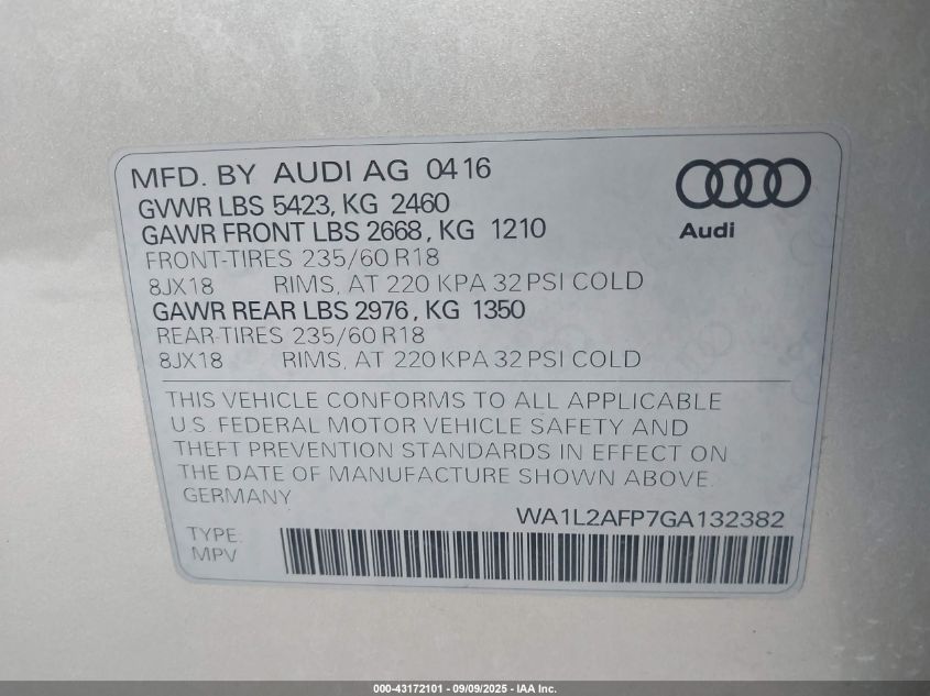 2016 Audi Q5 2.0T Premium VIN: WA1L2AFP7GA132382 Lot: 43172101