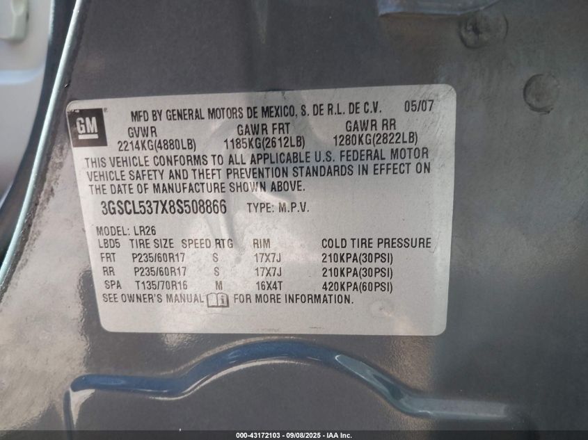 2008 Saturn Vue V6 Xr VIN: 3GSCL537X8S508866 Lot: 43172103