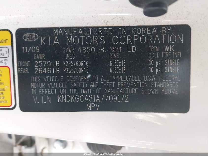 2010 Kia Sportage Lx V6 VIN: KNDKGCA31A7709172 Lot: 43172105