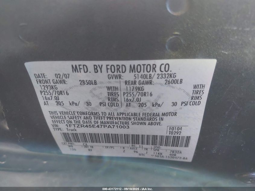 2007 Ford Ranger Fx4 Level Ii/Fx4 Off-Road/Sport/Xlt VIN: 1FTZR45E47PA71003 Lot: 43172112