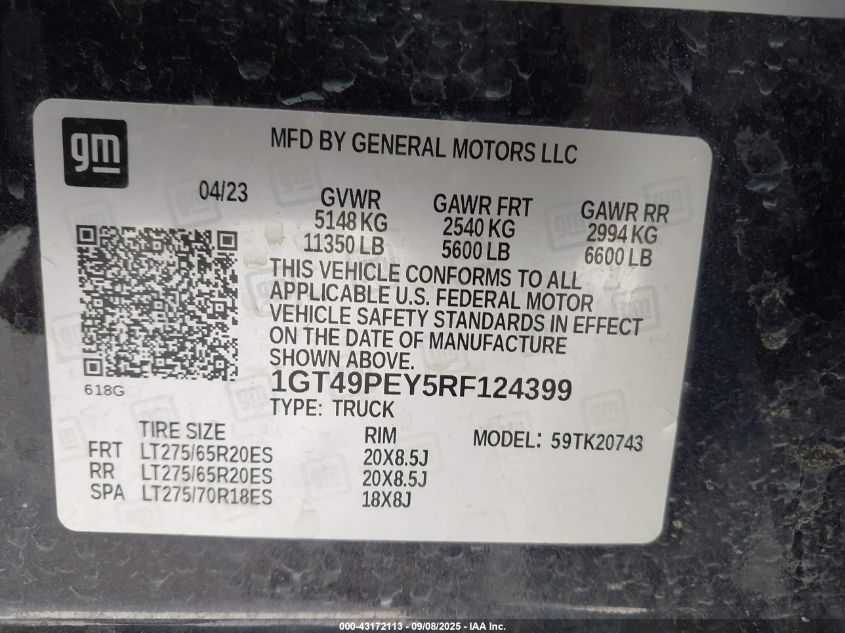 2024 GMC Sierra 2500Hd 4Wd Standard Bed At4 VIN: 1GT49PEY5RF124399 Lot: 43172113