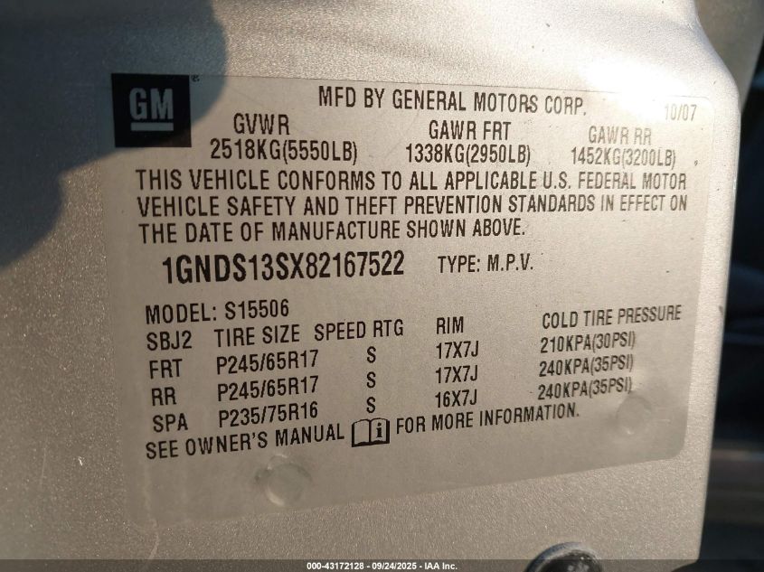 2008 Chevrolet Trailblazer Lt VIN: 1GNDS13SX82167522 Lot: 43172128