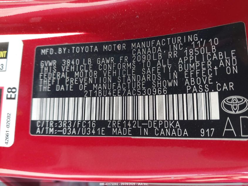 2010 Toyota Corolla Le VIN: 2T1BU4EE7AC530966 Lot: 43172202