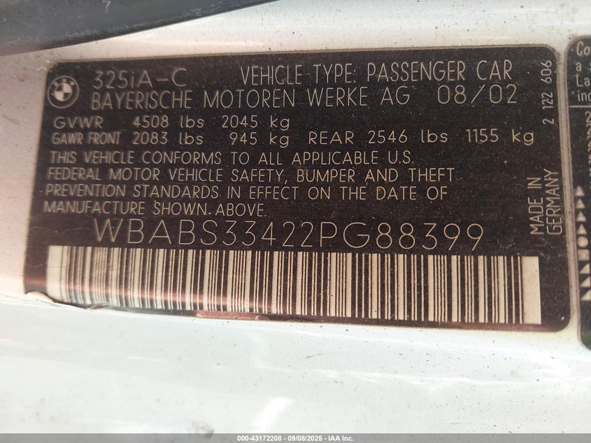 2002 BMW 325Ci VIN: WBABS33422PG88399 Lot: 43172208