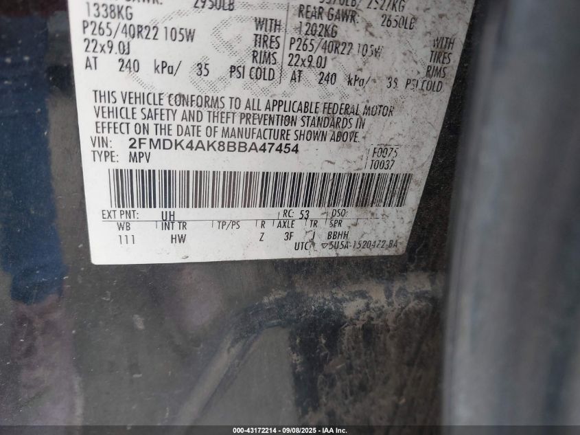 2011 Ford Edge Sport VIN: 2FMDK4AK8BBA47454 Lot: 43172214