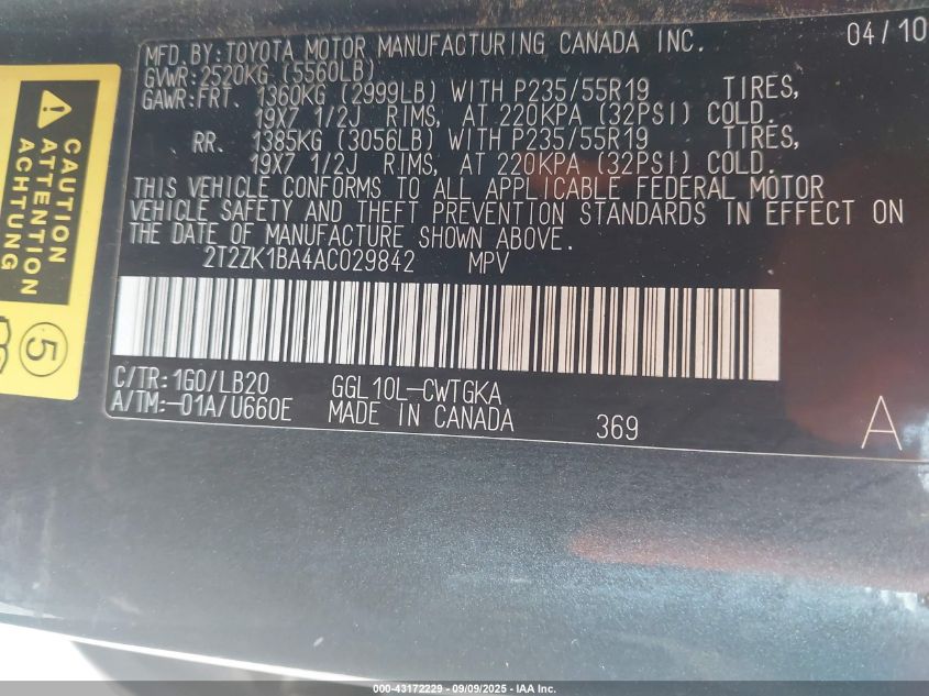 2010 Lexus Rx 350 VIN: 2T2ZK1BA4AC029842 Lot: 43172229