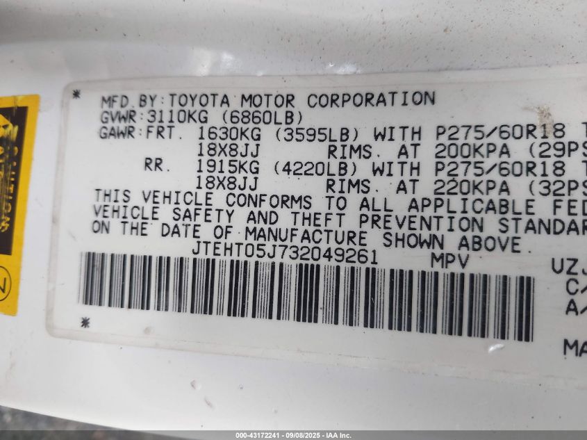 2003 Toyota Land Cruiser VIN: JTEHT05J732049261 Lot: 43172241