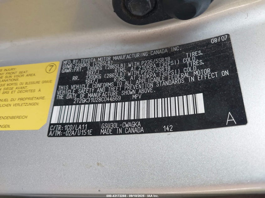 2008 Lexus Rx 350 VIN: 2T2GK31U28C044669 Lot: 43172288