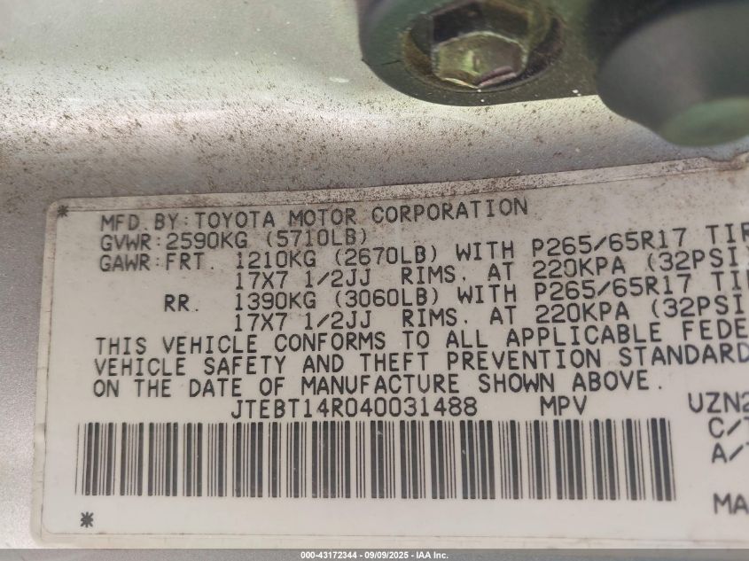 2004 Toyota 4Runner Sr5 V8 VIN: JTEBT14R040031488 Lot: 43172344