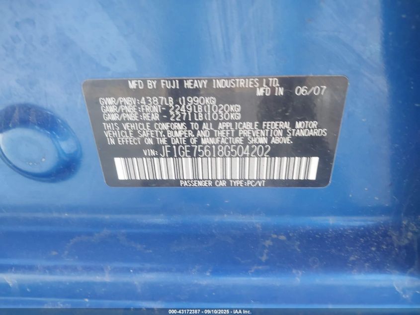 2008 Subaru Impreza Wrx VIN: JF1GE75618G504202 Lot: 43172387