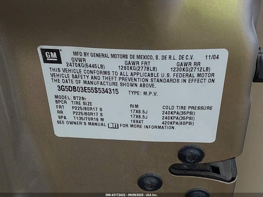 2005 Buick Rendezvous Cx VIN: 3G5DB03E55S534315 Lot: 43172422