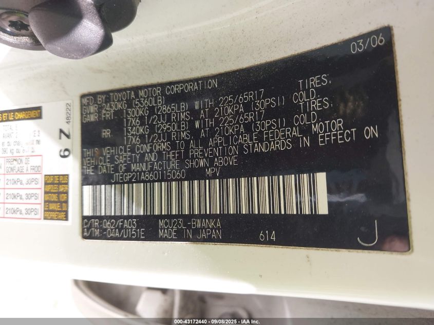 2006 Toyota Highlander Sport V6 VIN: JTEGP21A860115060 Lot: 43172440