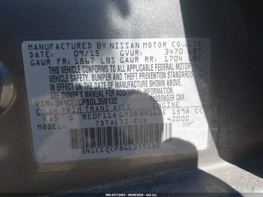 2016 Nissan Versa Note S (Sr)/S Plus/Sl/Sr/Sv VIN: 3N1CE2CP8GL359132 Lot: 43172453