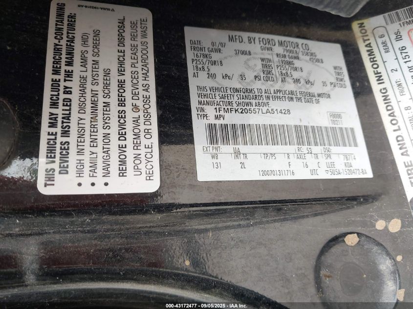 2007 Ford Expedition El Limited VIN: 1FMFK20557LA51428 Lot: 43172477