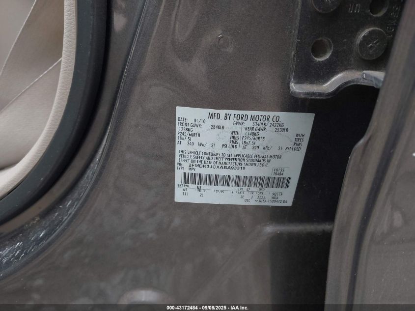 2010 Ford Edge Sel VIN: 2FMDK3JCXABA93319 Lot: 43172484