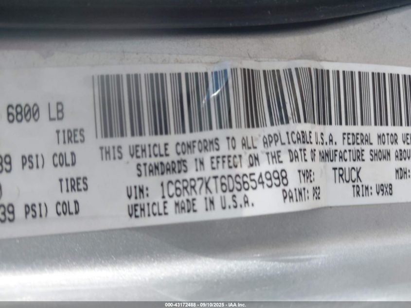2013 Ram 1500 Express VIN: 1C6RR7KT6DS654998 Lot: 43172488