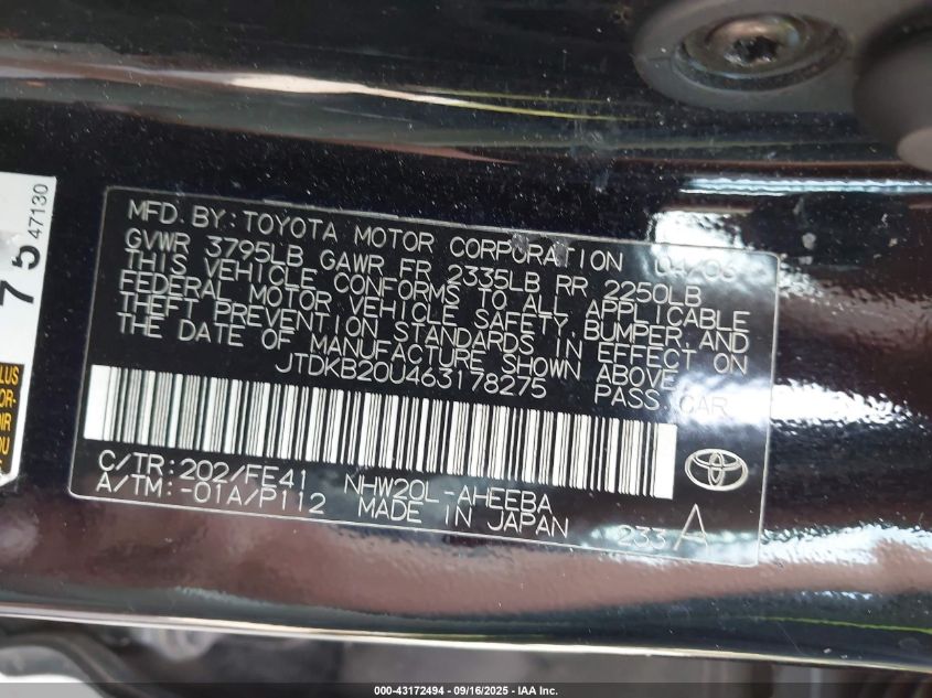 2006 Toyota Prius VIN: JTDKB20U463178275 Lot: 43172494