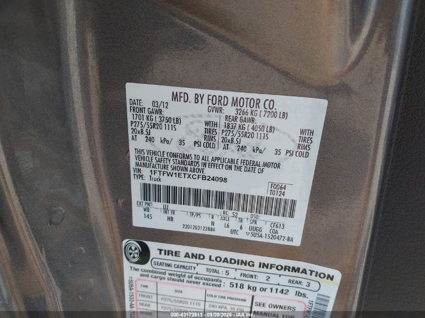 2012 Ford F-150 Lariat VIN: 1FTFW1ETXCFB24098 Lot: 43172511