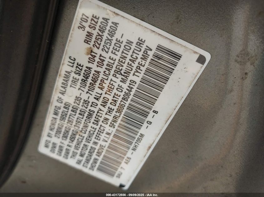 2007 Honda Odyssey Touring VIN: 5FNRL38867B064419 Lot: 43172556