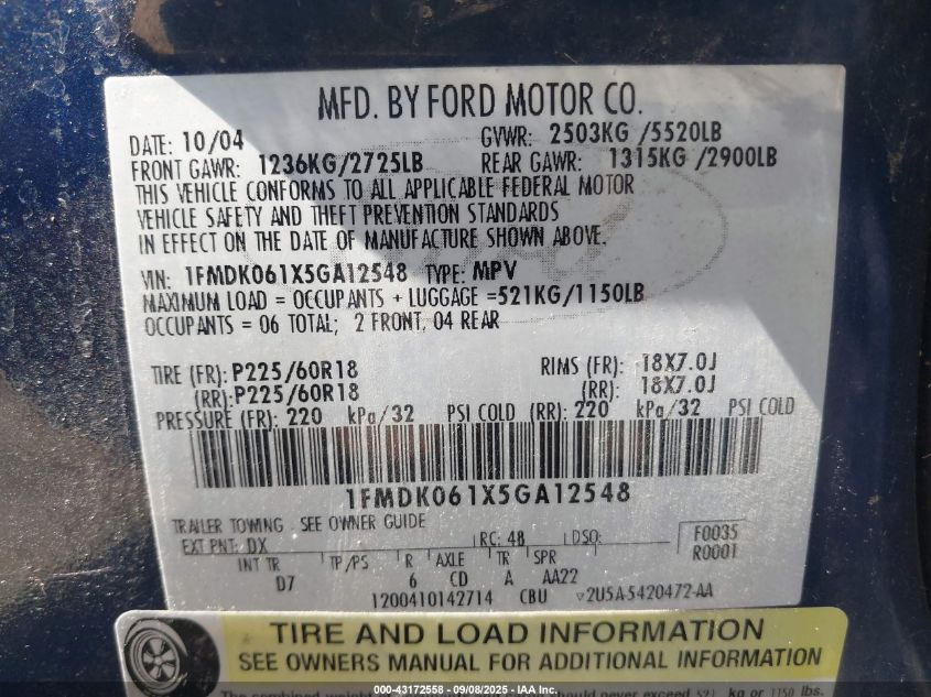 2005 Ford Freestyle Limited VIN: 1FMDK061X5GA12548 Lot: 43172558