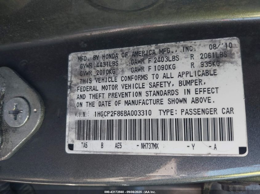 2011 Honda Accord 2.4 Ex-L VIN: 1HGCP2F86BA003310 Lot: 43172568