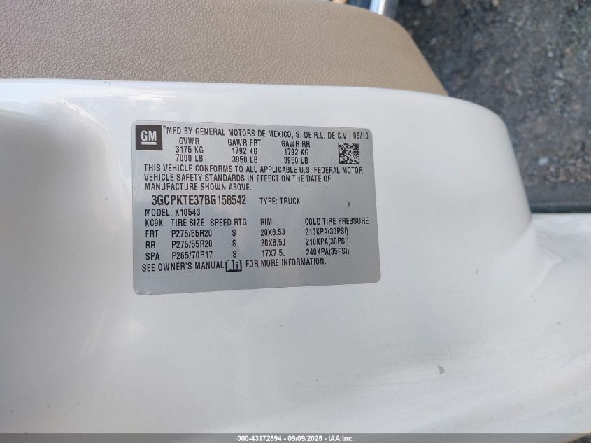 2011 Chevrolet Silverado 1500 Ltz VIN: 3GCPKTE37BG158542 Lot: 43172594