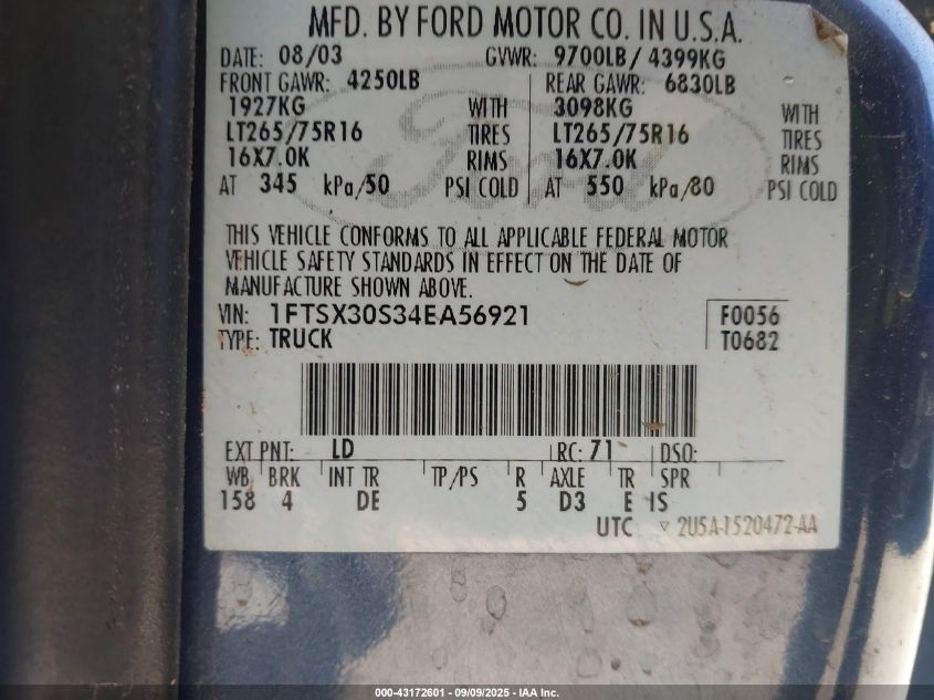 2004 Ford F-350 Lariat/Xl/Xlt VIN: 1FTSX30S34EA56921 Lot: 43172601