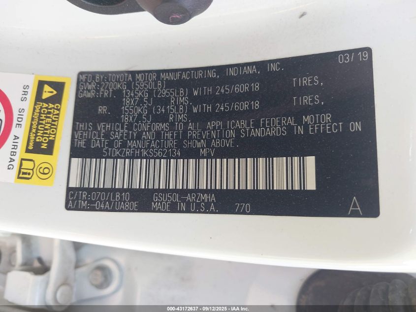 2019 Toyota Highlander Xle VIN: 5TDKZRFH1KS562134 Lot: 43172637