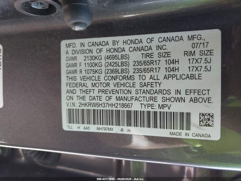 2017 Honda Cr-V Lx VIN: 2HKRW6H37HH218667 Lot: 43172650