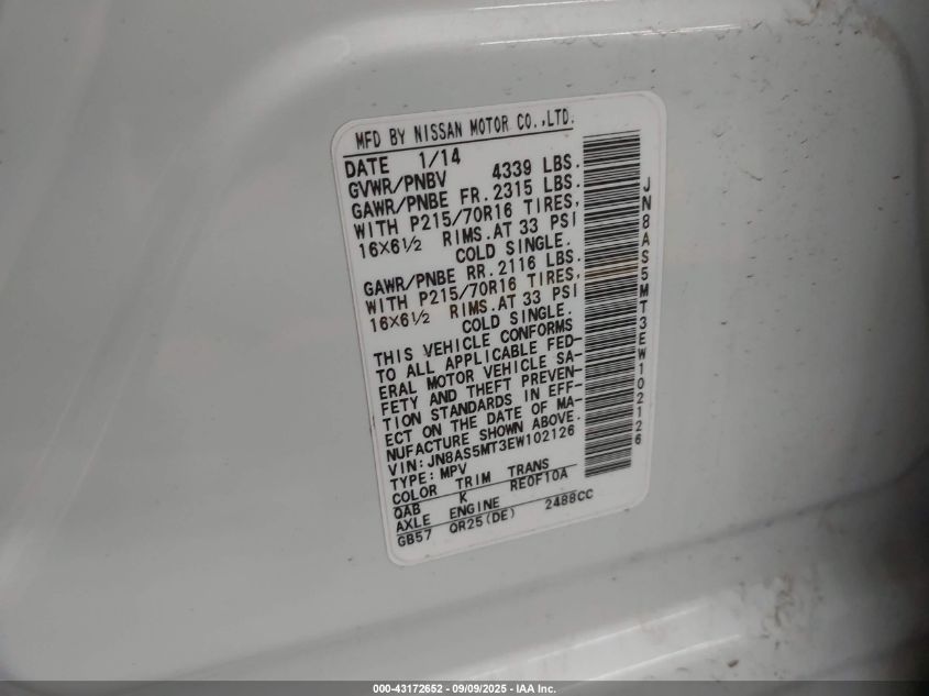 2014 Nissan Rogue Select S VIN: JN8AS5MT3EW102126 Lot: 43172652