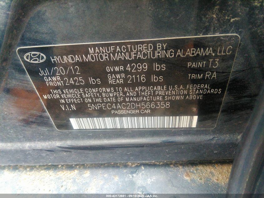 2013 Hyundai Sonata Limited VIN: 5NPEC4AC2DH566358 Lot: 43172681