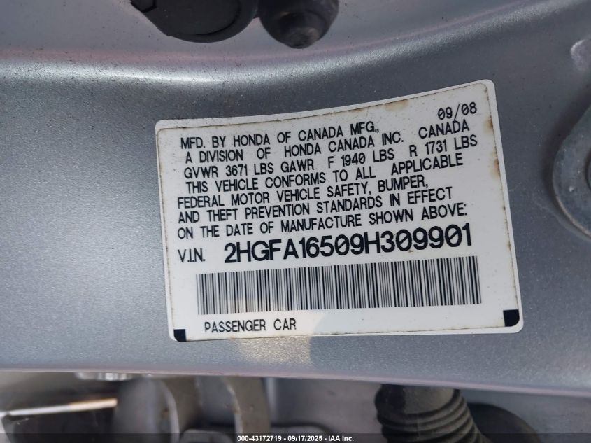 2009 Honda Civic Lx VIN: 2HGFA16509H309901 Lot: 43172719
