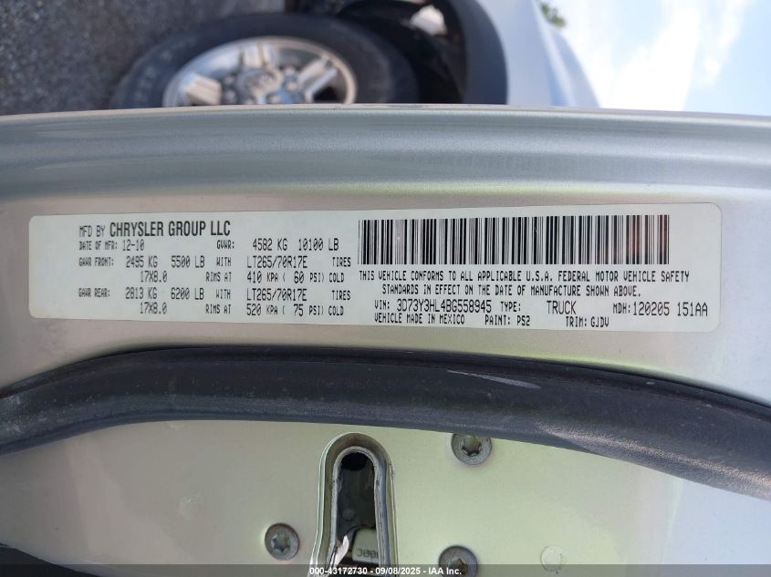 2011 Ram Ram 3500 Laramie VIN: 3D73Y3HL4BG558945 Lot: 43172730