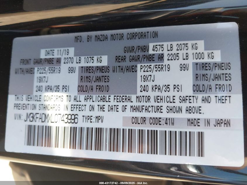 2020 Mazda Cx-5 Grand Touring VIN: JM3KFADMXL0743996 Lot: 43172742