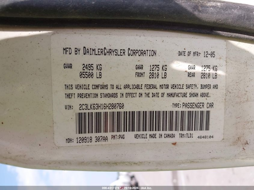 2006 Chrysler 300C VIN: 2C3LK63H16H280760 Lot: 43172757
