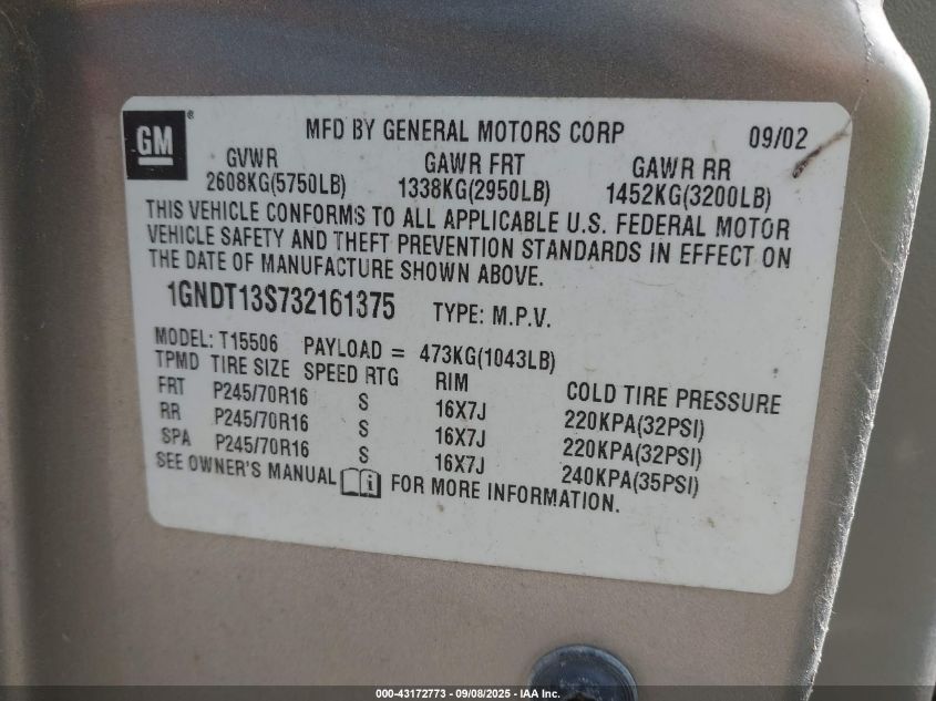 2003 Chevrolet Trailblazer Lt VIN: 1GNDT13S732161375 Lot: 43172773