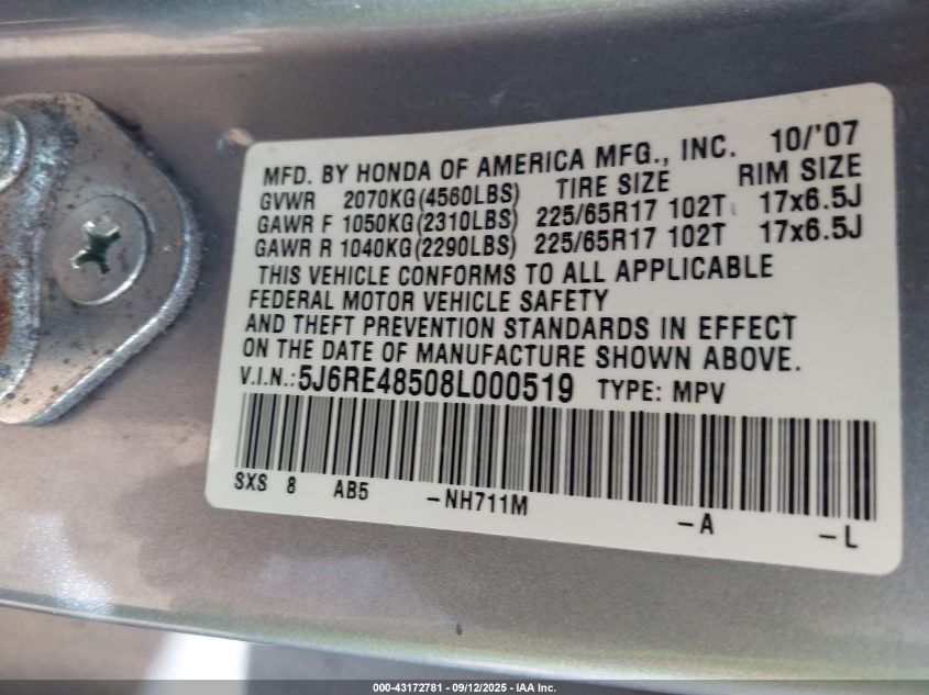 2008 Honda Cr-V Ex VIN: 5J6RE48508L000519 Lot: 43172781