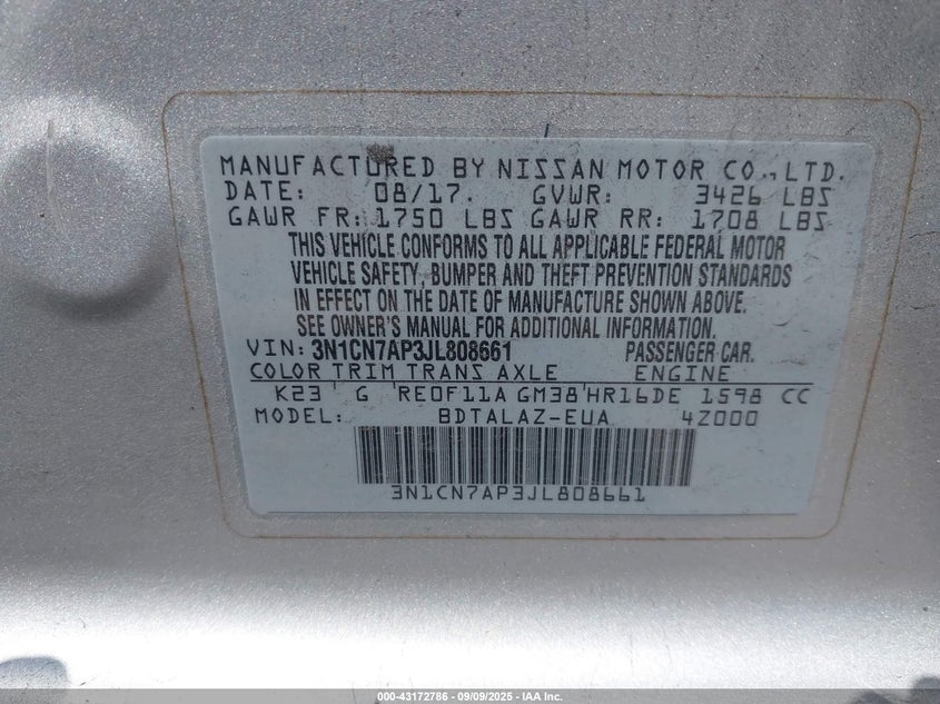 2018 NISSAN VERSA 1.6 S+ - 3N1CN7AP3JL808661