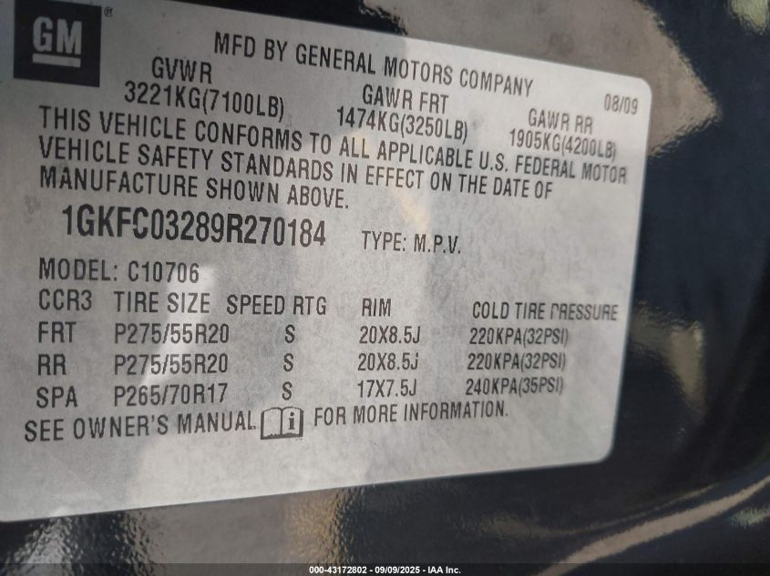 2009 GMC Yukon Denali VIN: 1GKFC03289R270184 Lot: 43172802