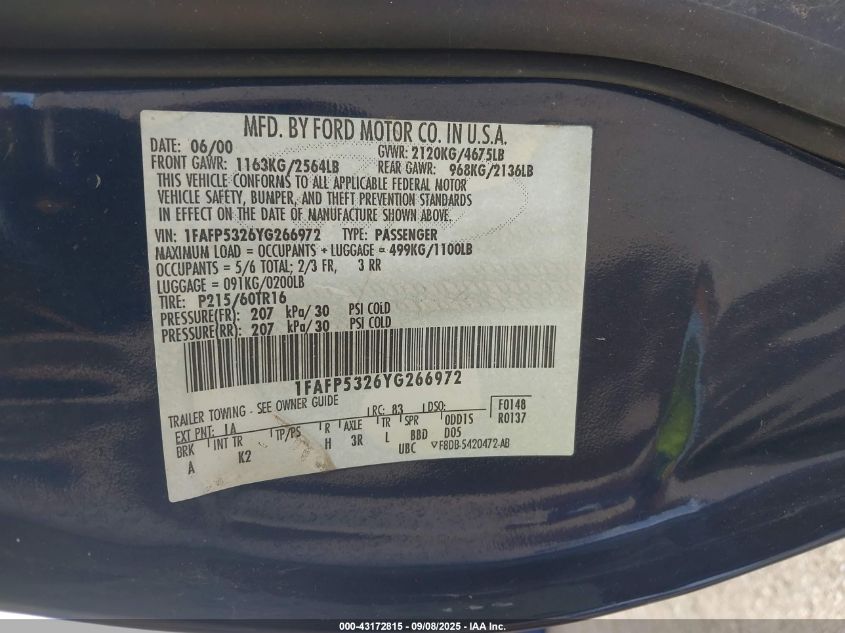 2000 Ford Taurus Se VIN: 1FAFP5326YG266972 Lot: 43172815