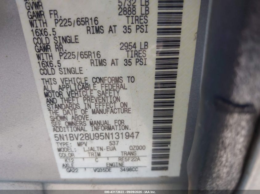 2005 Nissan Quest 3.5 Sl VIN: 5N1BV28U95N131947 Lot: 43172823