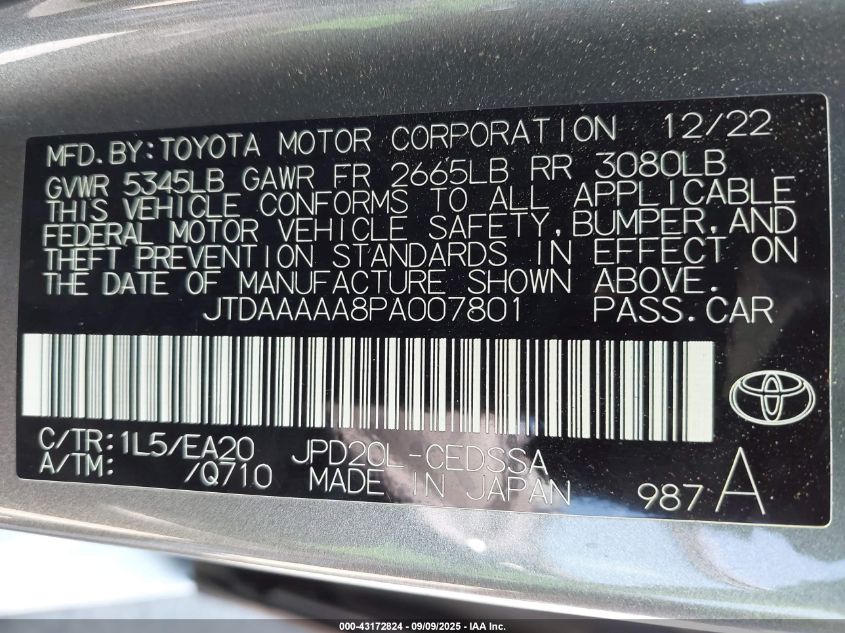 2023 Toyota Mirai Xle VIN: JTDAAAAA8PA007801 Lot: 43172824