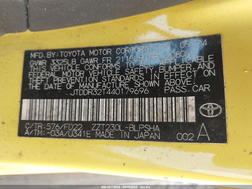 2004 Toyota Celica Gt VIN: JTDDR32T440179696 Lot: 43172835