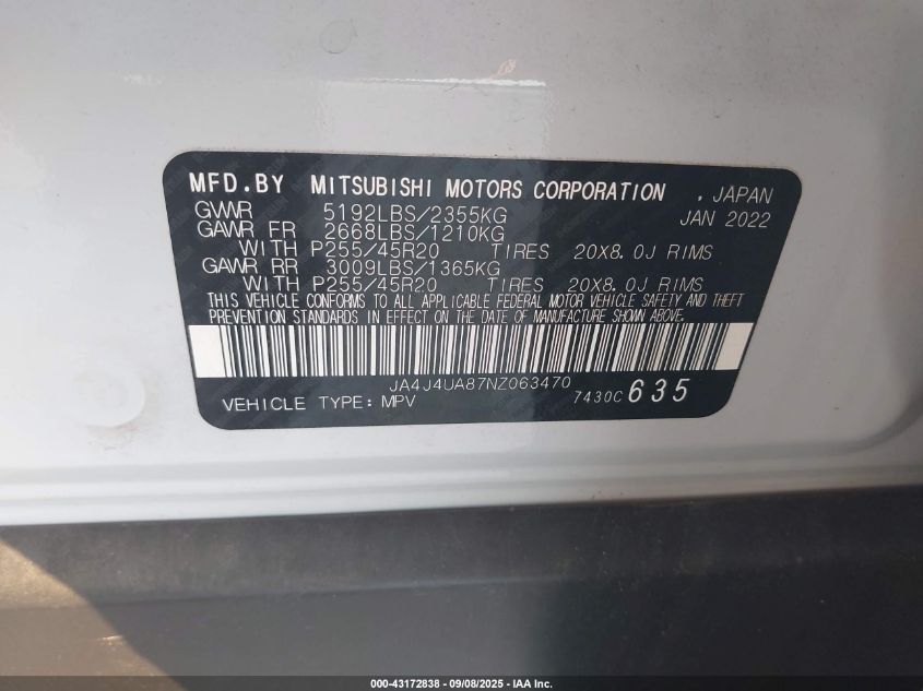 2022 Mitsubishi Outlander Black Edition S-Awc/Se 2.5 S-Awc/Se Launch Edition S-Awc VIN: JA4J4UA87NZ063470 Lot: 43172838