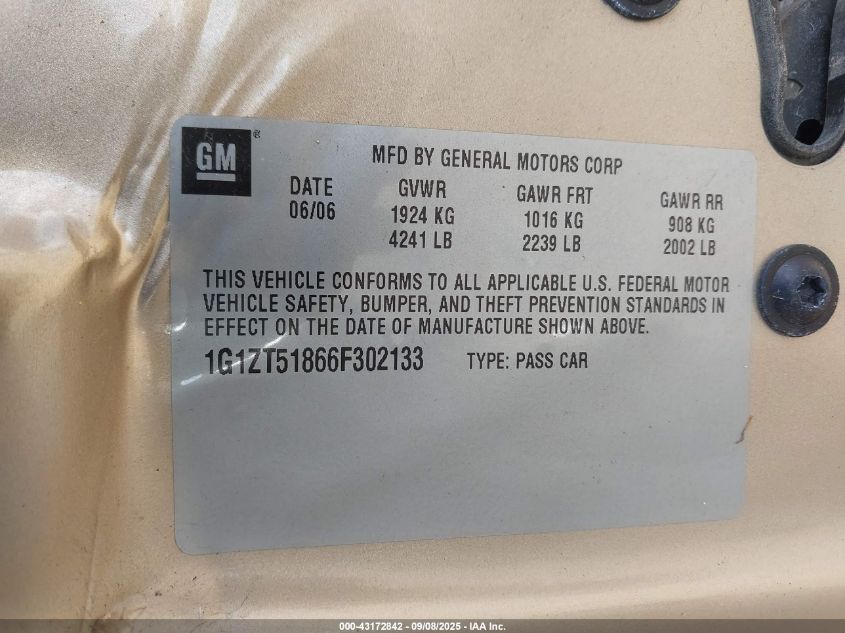 2006 Chevrolet Malibu Lt VIN: 1G1ZT51866F302133 Lot: 43172842