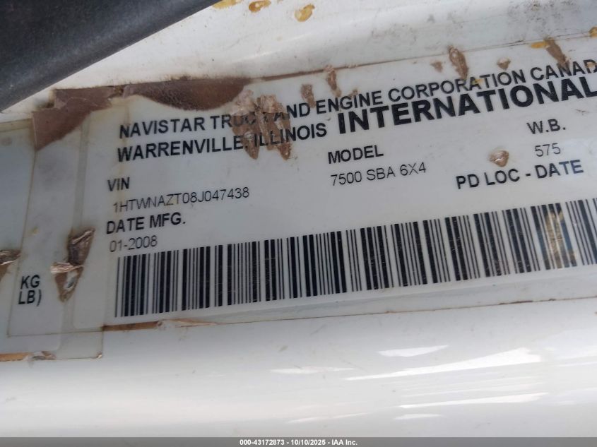 2008 International 7000 7500 VIN: 1HTWNAZT08J047438 Lot: 43172873